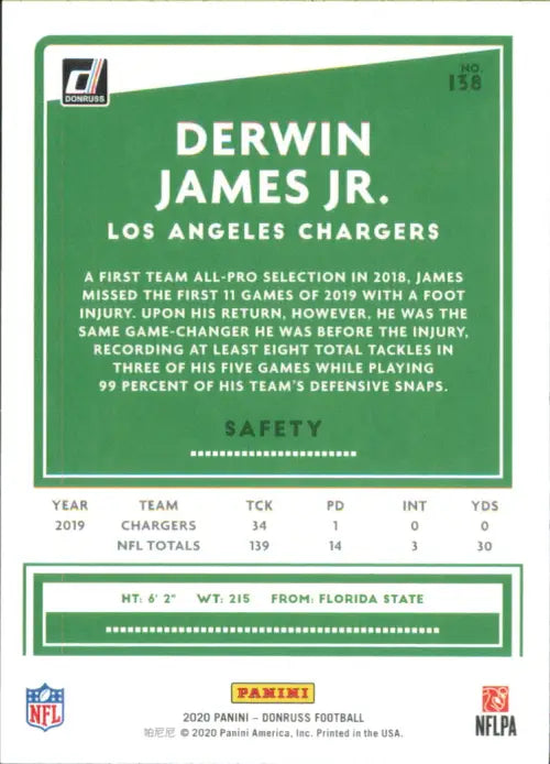 2020 Donruss #138 Derwin James Jr. Los Angeles Chargers Football NFL Card NM-MT