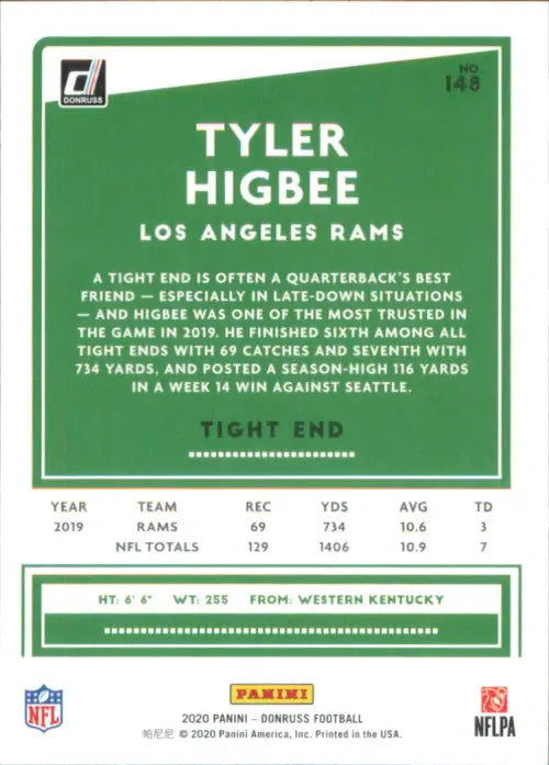 2020 Donruss #148 Tyler Higbee Los Angeles Rams Football NFL Card NM-MT