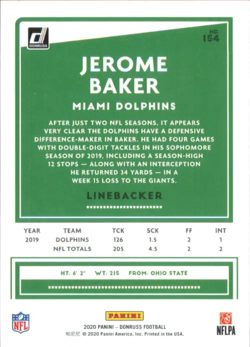 2020 Donruss #154 Jerome Baker Miami Dolphins Football NFL Card NM-MT