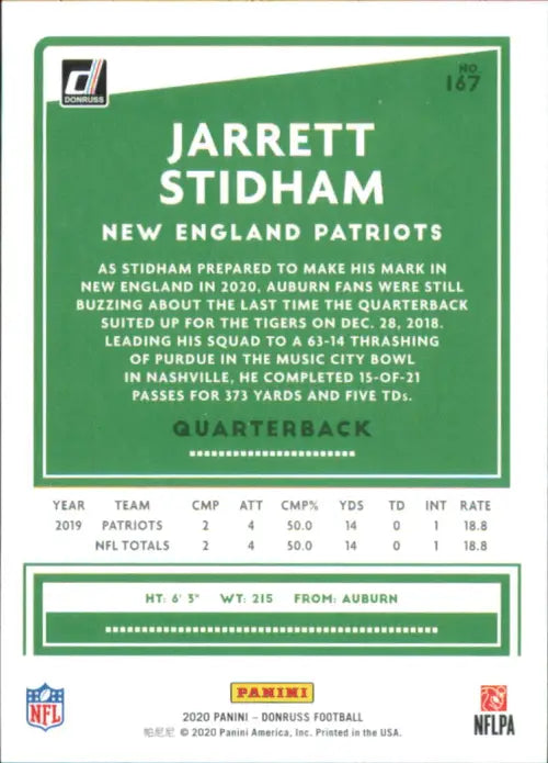 2020 Donruss #167 Jarrett Stidham New England Patriots Football NFL Card NM-MT