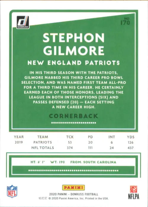 2020 Donruss #170 Stephon Gilmore New England Patriots Football NFL Card NM-MT