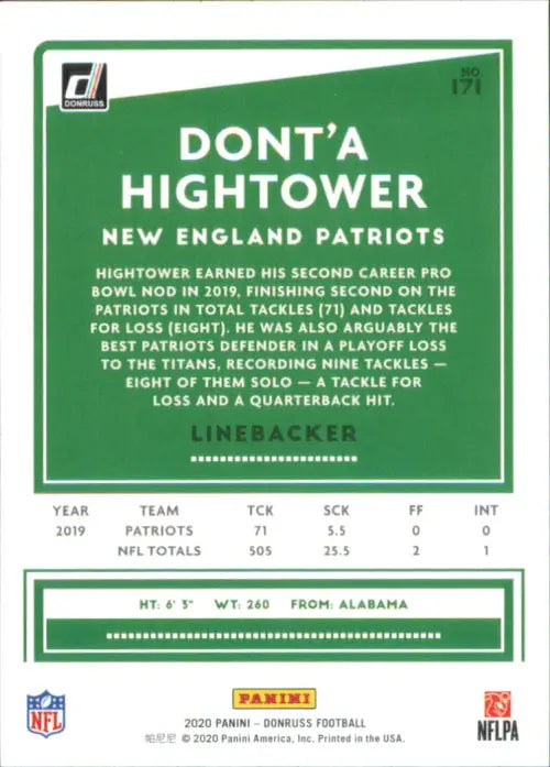 2020 Donruss #171 Dont’a Hightower New England Patriots Football NFL Card NM-MT