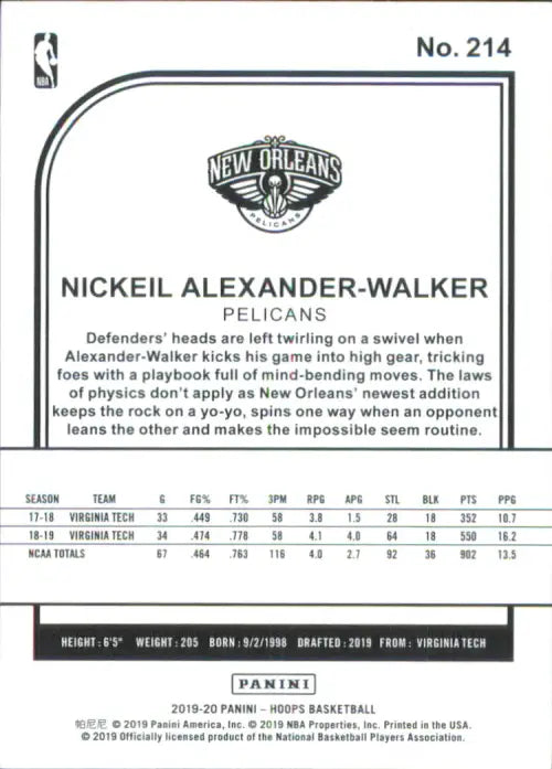 2019-20 Hoops Blue #214 Nickeil Alexander-Walker Rookie NO Pelicans NBA NM-MT