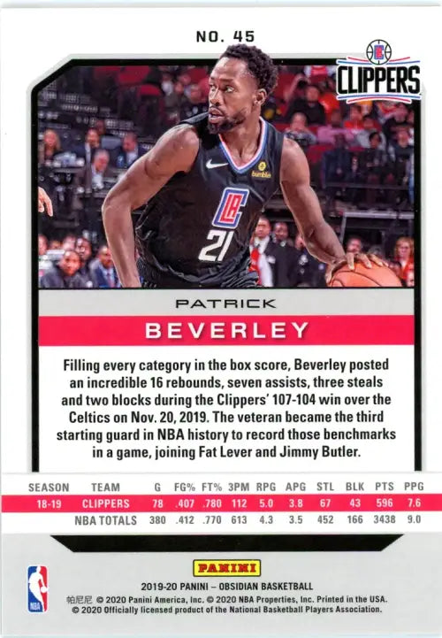 2019-20 Panini Obsidian #45 Patrick Beverley Los Angeles Clippers NBA Card NM-MT