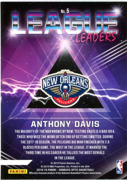 2018-19 Donruss Optic League Leaders #5 Anthony Davis New Orleans Pelicans NM-MT