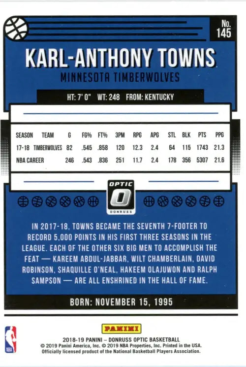 2018-19 Donruss Optic #145 Karl-Anthony Towns Minnesota Timberwolves NBA NM-MT