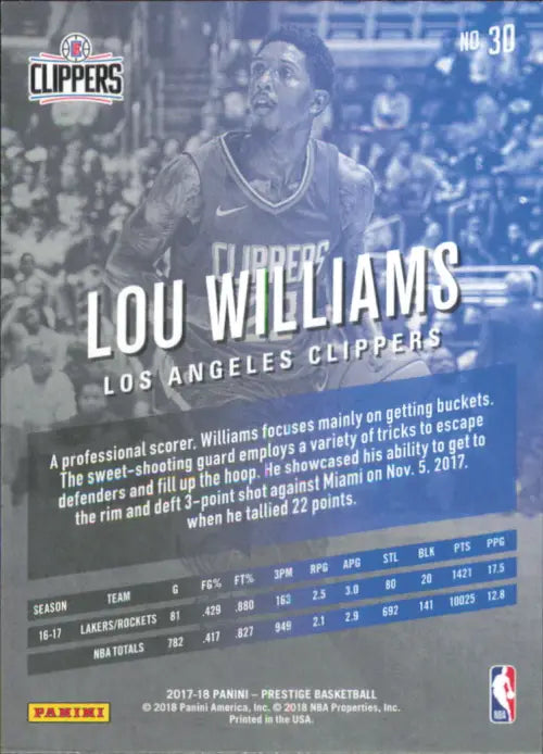 2017-18 Prestige #30 Lou Williams Los Angeles Clippers NBA Basketball Card NM-MT