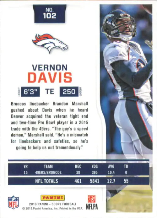 Football trading card of Vernon Davis Denver Broncos tight end wearing number 83.