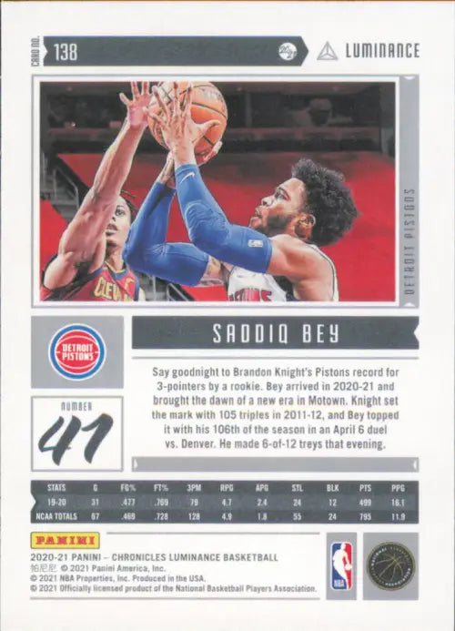 2020-21 Panini Chronicles #138 Saddiq Bey Rookie Detroit Pistons Luminance NM-MT