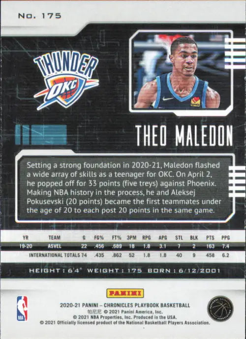 2020-21 Panini Chronicles #175 Theo Maledon Rookie Thunder Playbook NBA NM-MT