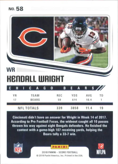 2018 Score #58 Kendall Wright Chicago Bears NFL Football Card NM-MT