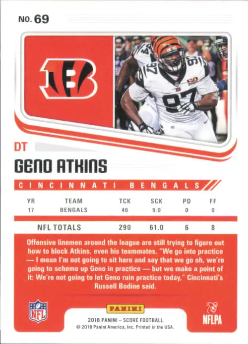 2018 Score #69 Geno Atkins Cincinnati Bengals NFL Football Card NM-MT