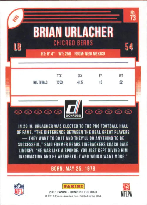 2018 Donruss #73 Brian Urlacher Chicago Bears NFL Football Card NM-MT