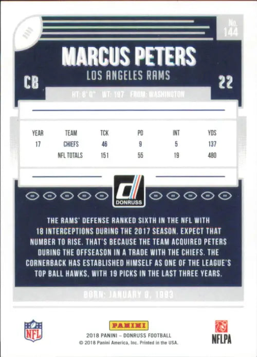 2018 Donruss #144 Marcus Peters Los Angeles Rams NFL Football Card NM-MT