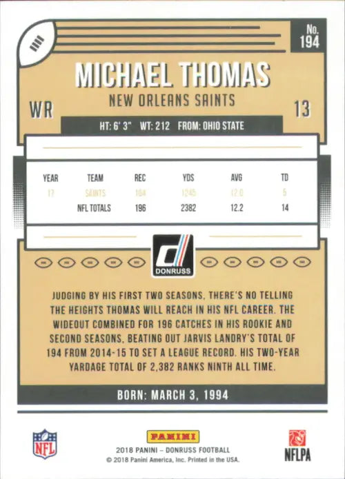 2018 Donruss #194 Michael Thomas New Orleans Saints NFL Football Card NM-MT