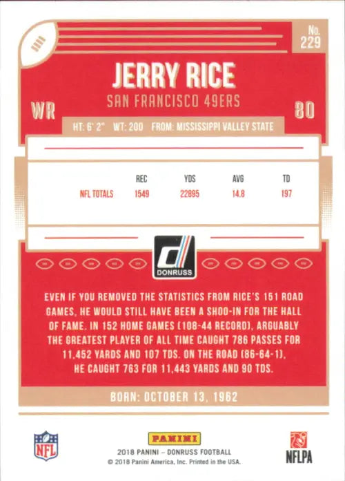 2018 Donruss #229 Jerry Rice San Francisco 49ers NFL Football Card NM-MT