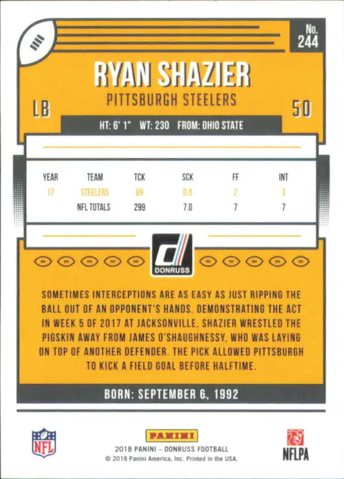 2018 Donruss #244 Ryan Shazier Pittsburgh Steelers NFL Football Card NM-MT