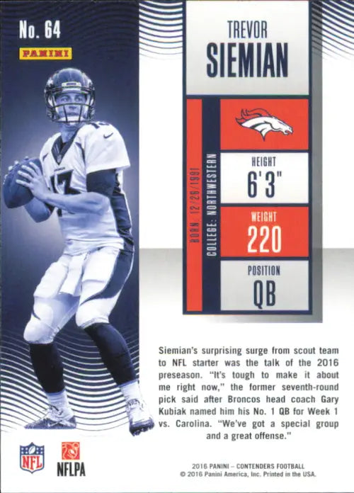 Football trading card of Trevor Siemian in a Denver Broncos uniform from Panini Contenders.