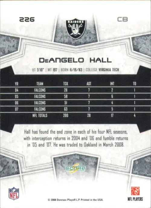 2008 Score #226 DeAngelo Hall Oakland Raiders NFL Football Card EX