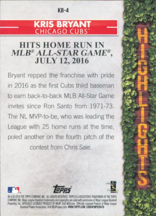 Kris Bryant All-Star Game home run highlight on 2018 Topps Kris Bryant card.