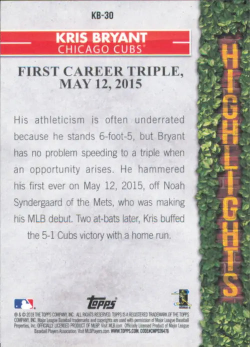 Kris Bryant Highlights MLB card featuring his first career triple for the Cubs on May 12, 2015