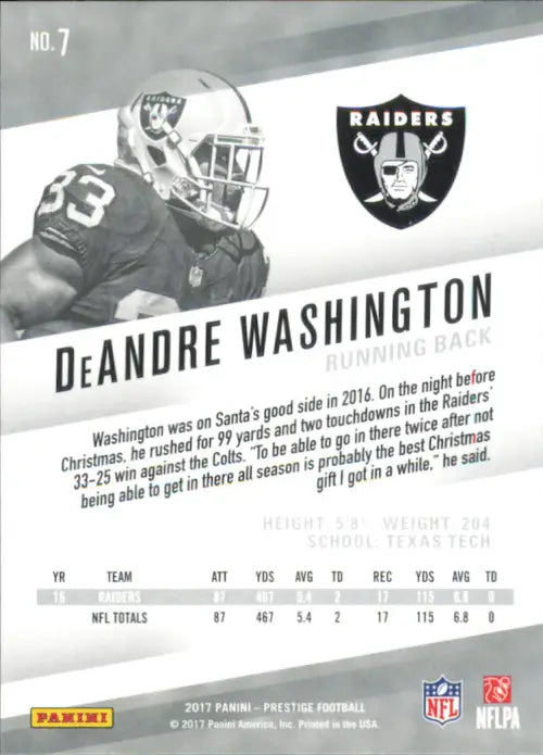 2017 Prestige #7 DeAndre Washington Oakland Raiders NFL Football Card NM-MT