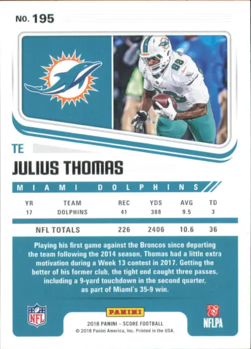 2018 Score #195 Julius Thomas Miami Dolphins NFL Football Card NM-MT