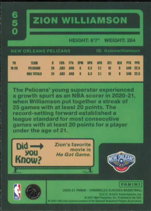 2020-21 Panini Chronicles #650 Zion Williamson Classics NO Pelicans NBA NM-MT