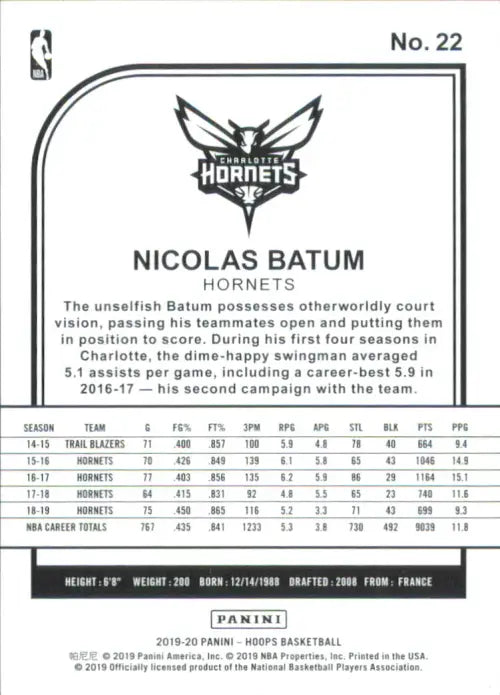 2019-20 Hoops Purple #22 Nicolas Batum Charlotte Hornets NBA Basketball NM-MT