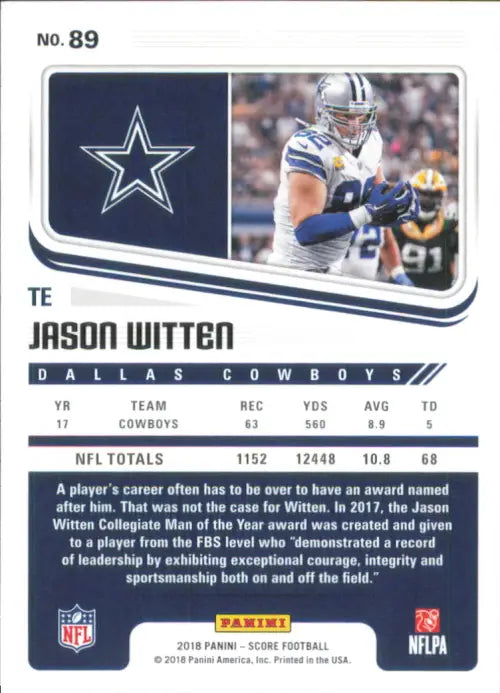 2018 Score #89 Jason Witten Dallas Cowboys NFL Football Card NM-MT