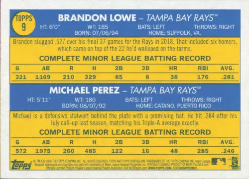 2019 Topps Heritage #9 Brandon Lowe Michael Perez Rookie Tampa Bay Rays NM-MT