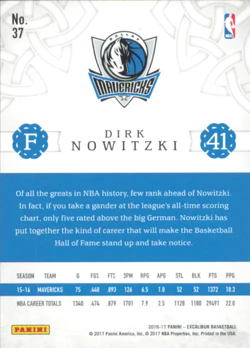 2016-17 Panini Excalibur Lord #37 Dirk Nowitzki Dallas Mavericks NBA Card NM-MT