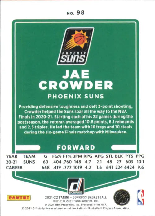 2021-22 Donruss Holo Teal Laser #98 Jae Crowder Phoenix Suns NBA Card NM-MT