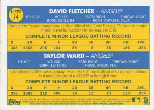 2019 Topps Heritage #74 David Fletcher Taylor Ward Rookie LA Angels MLB NM-MT