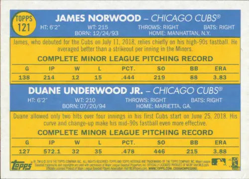 2019 Topps Heritage #121 Duane Underwood Jr. James Norwood Rookie Cubs MLB NM-MT