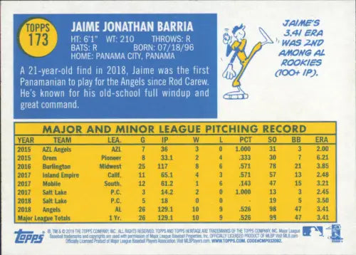 2019 Topps Heritage #173 Jaime Barria Los Angeles Angels MLB Baseball Card NM-MT