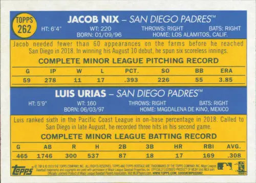 2019 Topps Heritage #262 Jacob Nix Luis Urias Rookie San Diego Padres MLB NM-MT