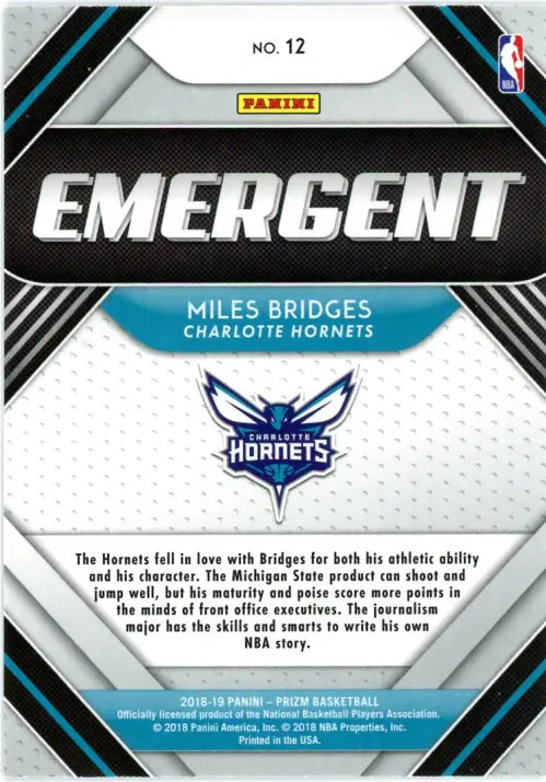 2018-19 Panini Prizm Emergent #12 Miles Bridges Charlotte Hornets NBA Card NM-MT