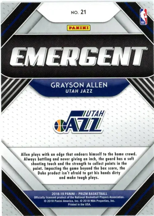 2018-19 Panini Prizm Emergent #21 Grayson Allen Utah Jazz NBA Basketball NM-MT