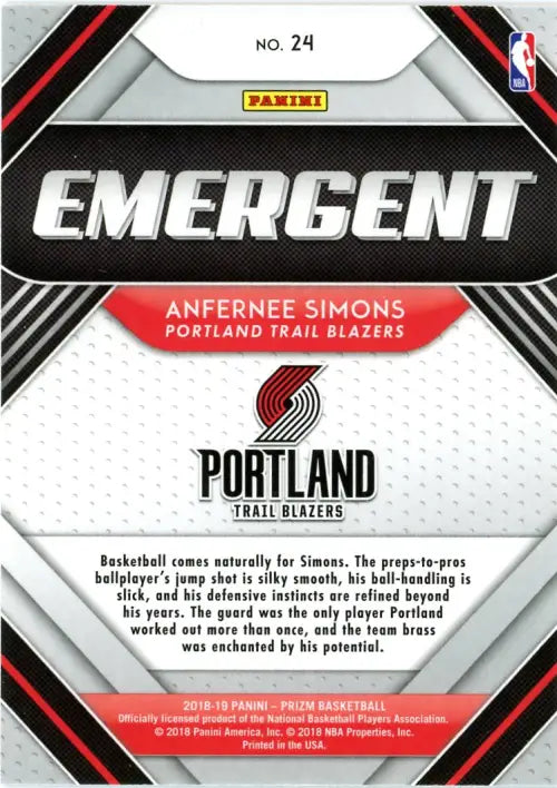 2018-19 Panini Prizm Emergent #24 Anfernee Simons Portland Trail Blazers NM-MT