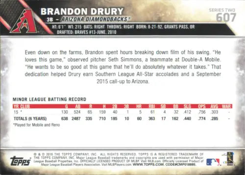 2016 Topps #607 Brandon Drury Rookie Arizona Diamondbacks Baseball MLB NM-MT