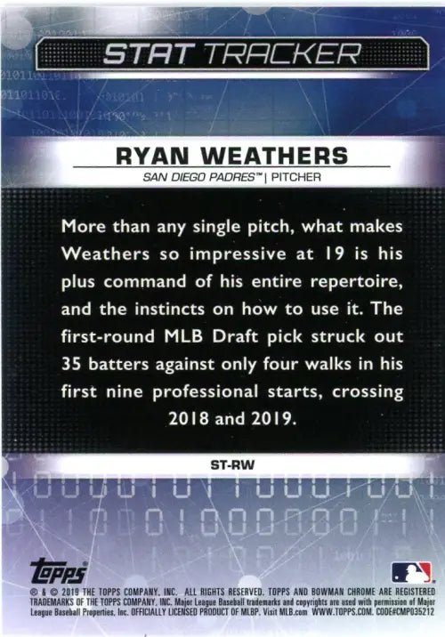 2019 Bowman Chrome Stat Tracker #STRW Ryan Weathers San Diego Padres MLB NM-MT