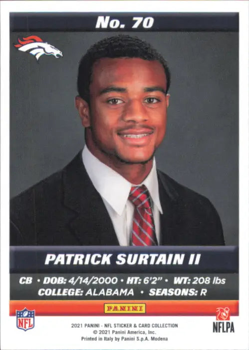 2021 Panini Stickers Cards Silver #70 Patrick Surtain II Rookie Broncos NM-MT