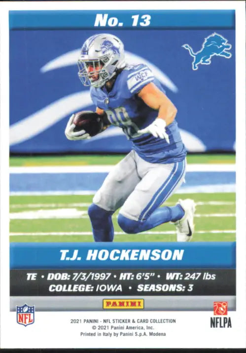 2021 Panini Stickers Cards #13 T.J. Hockenson Detroit Lions Football NFL NM-MT