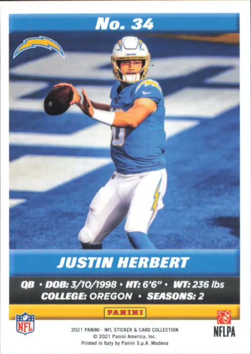 2021 Panini Stickers Cards #34 Justin Herbert Los Angeles Chargers NFL NM-MT