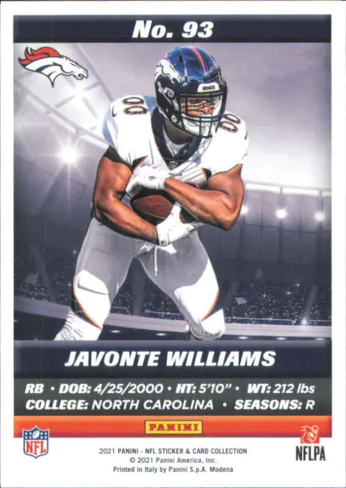 2021 Panini Stickers Cards #93 Javonte Williams Rookie Denver Broncos NFL NM-MT