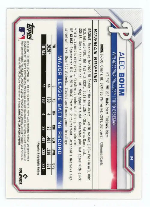 2021 Bowman Chrome #94 Alec Bohm Rookie Philadelphia Phillies Baseball MLB NM-MT