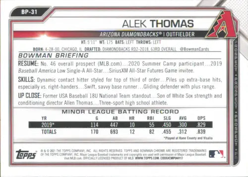 2021 Bowman Prospects #BP31 Alek Thomas Arizona Diamondbacks Baseball Card NM-MT