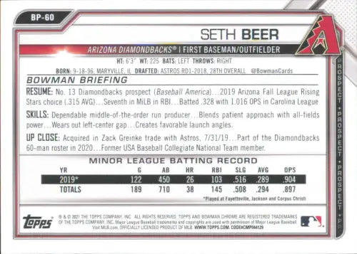 2021 Bowman Prospects #BP60 Seth Beer Arizona Diamondbacks Baseball Card NM-MT