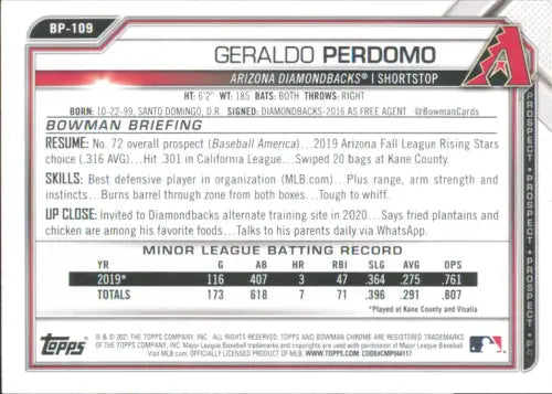 2021 Bowman Prospects #BP109 Geraldo Perdomo Arizona Diamondbacks Baseball NM-MT